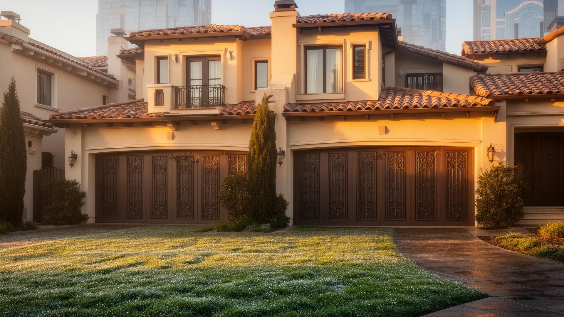 Upscale townhouse featuring Spanish colonial style garage doors with decorative iron grilles
